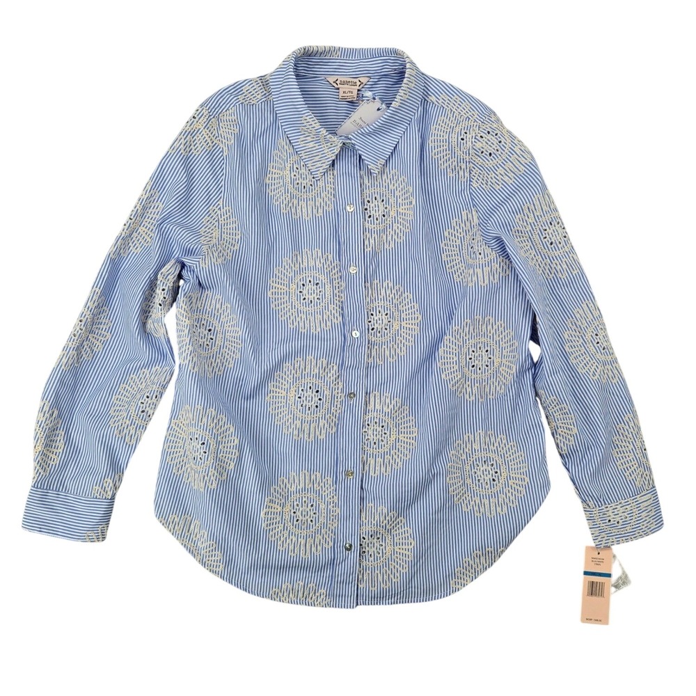 Nanette Lepore Womens NWT XL Blue White Stripe Eyelet Sunburst Button Down Shirt